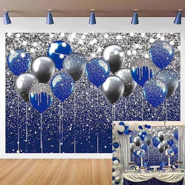 Blå og sølv baggrunde 150x210cm, brugt til Orlando bryllupsbal, fødselsdagsfest fotografering baggrund skinnende sølv grå blå ballon børns