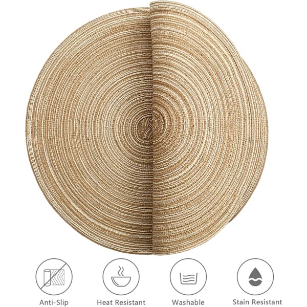 Pöytätabletit, pyöreät PP-punotut pöytätabletit, 6 kpl, pestävät, lämmönkestävät, liukumattomat, 38 cm, kahvinvärinen
