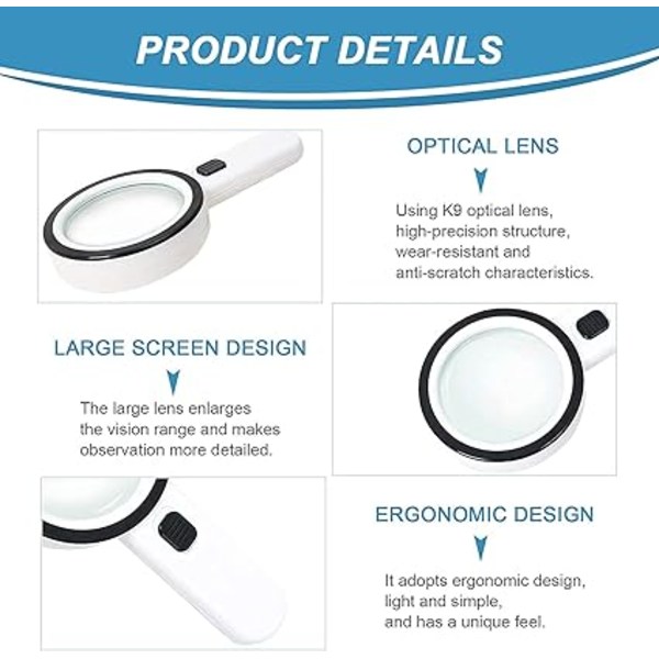 Leseforstørrelsesglass med 13 LED-lys, dobbelt glasslinse med 30x forstørrelse. For enkel lesing av mynter, frimerker, kort. Ideell ved makuladegenerasjon