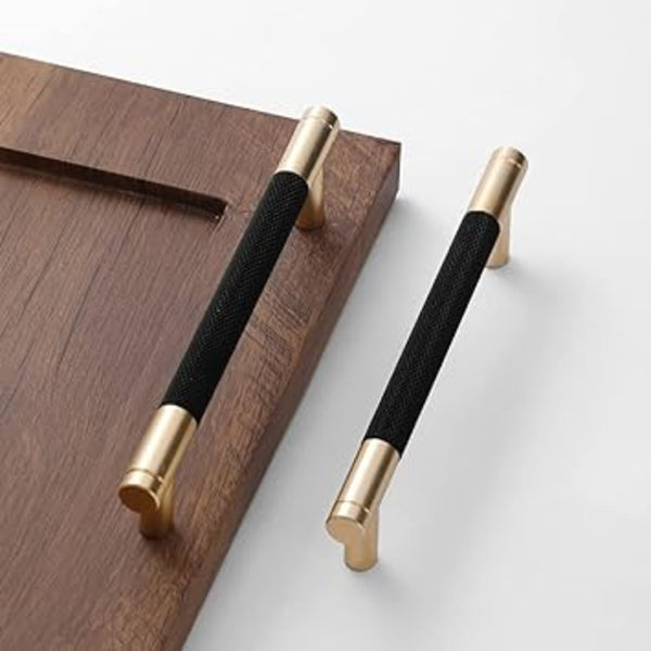 2-pack 5 tum 128 mm Stånghandtag för Skåp Guld och Svarta Räfflade Handtag för Borstade Guld Lådhandtag Skåp Aluminiumhandtag
