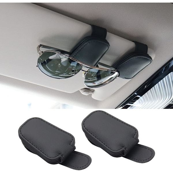 2-pack (Svart) Solglasögonhållare för bilvisir, Magnetisk läder Glasögonhängare Clip för bil, Solglasögonhållare och Biljettkort Clip för bilvisir