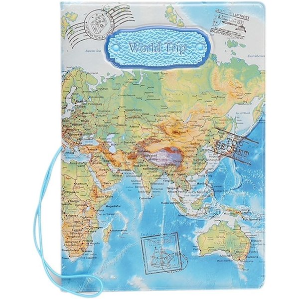 Verdenskart 3D passholder (blå), moteriktig passetui, ID-kortetui, passveske, reiseutstyr for utenlandsreiser