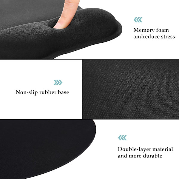Sort musemåtte med ergonomisk håndledsstøtte, 4 mm musemåtte med memory foam-fyld, tekstureret slidstærk vaskbar