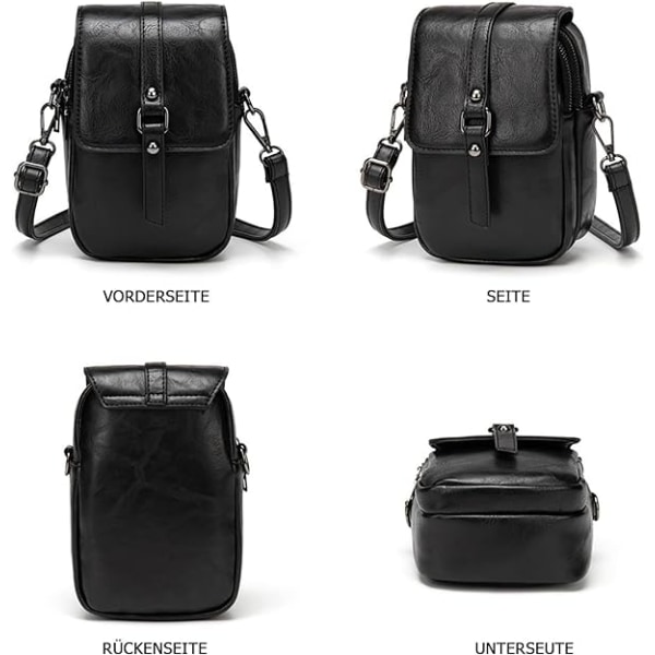 Retro crossbody-mobiltelefonväska för kvinnor (svart), liten crossbody-väska axelväska handväska plånbok, 2 huvudfickor