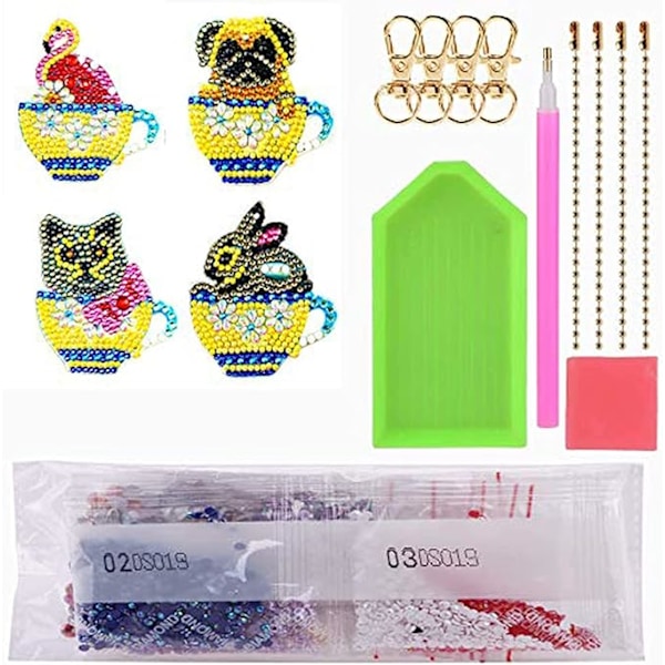 Diamantmålning nyckelring set (set med 4 koppdjur), 5D DIY diamantmålning nyckelring, DIY diamantmålning broderinyckelring kit