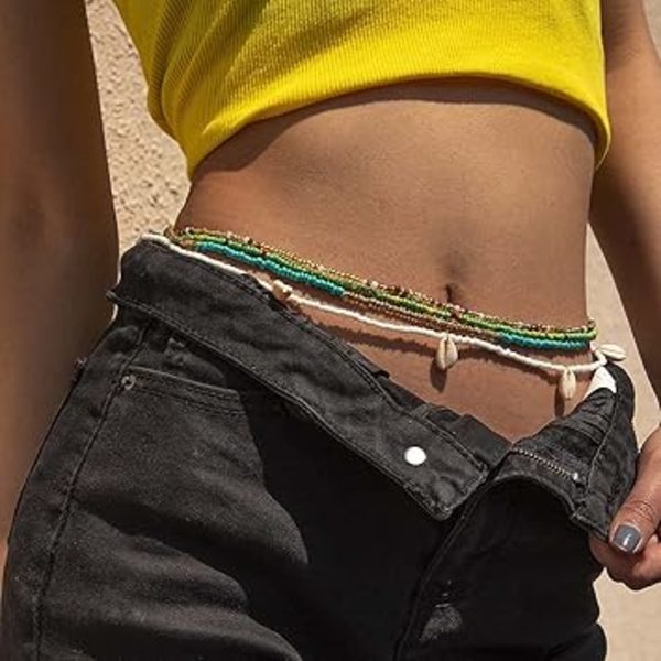 Set med 4 Boho-kroppskedjor med vita pärlor, strandaccessoarer, kroppssmycken för kvinnor och flickor