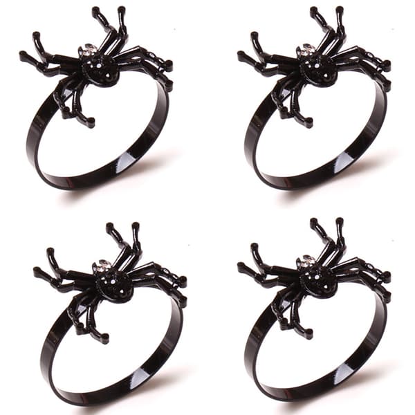 Servietring Sæt 4 Stk (Sort Edderkop), Diamant Edderkop Sort Servietring Holder, Til Spisebordsdækning, Halloween Dekoration