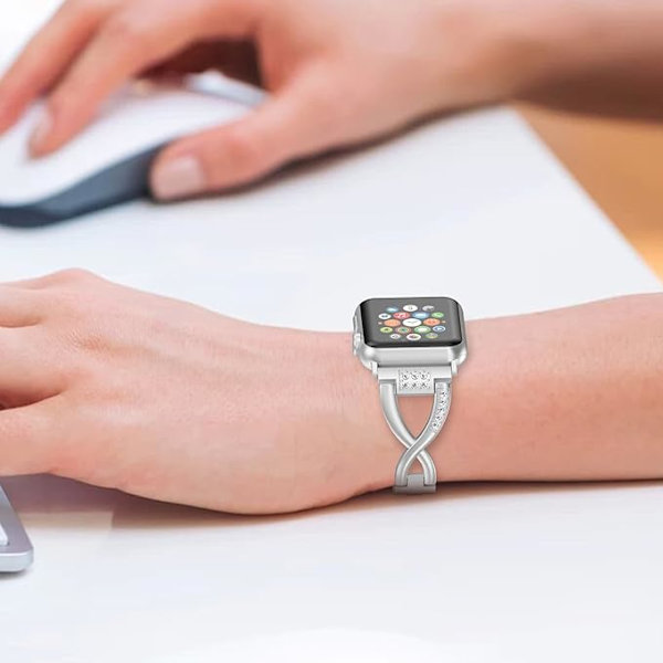 Apple Watch -ranneke, hopea (ilman kelloja), 38 mm, 40 mm, 41 mm, X-muotoinen metallinen strassi-iWatch-ranneke iWatch SE -sarja 8 7 6 5 4 -rannekesarja