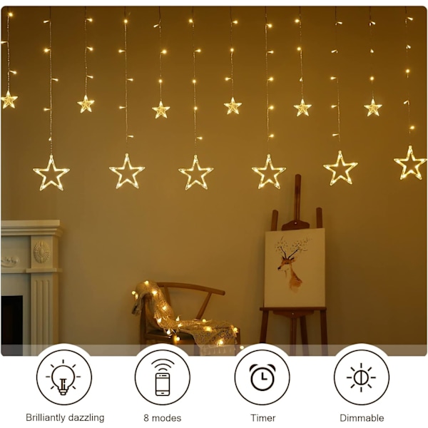 Stjerne Lysgardin 2m Varm Hvid Gardin Lys Guirlande Vindue Jul Indendørs 8 Modes USB Juledekoration Vindueslys Deco Bryllup Have Sengekant