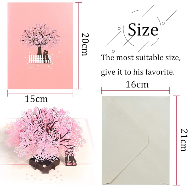 3D Kort, 3D Pop-Up Lykønskningskort, Valentinsdagskort, Bryllupsdagskort, 3D Bryllupskort med Kuvert Romantisk Par Sakura Kort til Fødselsdag