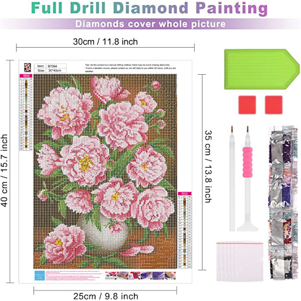 Rosa Blomst Diamantmaleri Kit for Voksne 30x40cm 5D DIY Rundt Diamantmaleri Kit Barn Full Diamant Peon Diamantkunst Kit Hjemmeveggdekor Digital