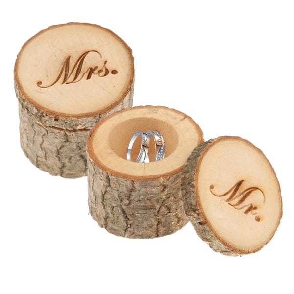 Et par bryllupsringer i tre (diameter 6 cm, MRS, MR), med ringboksbraketter for oppbevaring i bryllupsforlovelsesfester og Valentinsdag