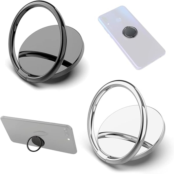 2-delad mobilringhållare (svart, silver), 360° roterbar hållare, universal för mobiltelefon, stark adsorption, lämplig för alla smartphones