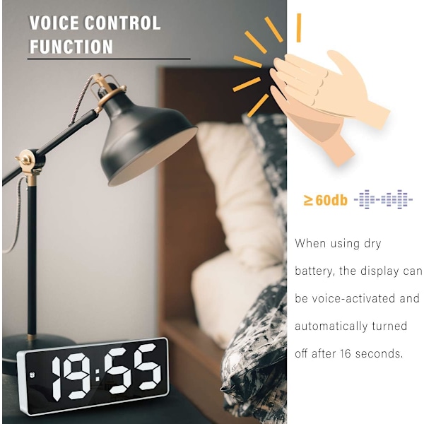 Digital väckarklocka, 6,7\" LED-spegel digital väckarklocka sängbordsväckarklocka morgonväckarklocka, röstaktiverad/icke tickande/snooze/temperatur/datumtid adj
