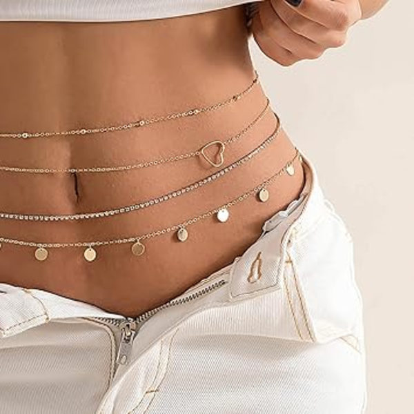 Flerskiktad kristall midjekedja persika hjärta paljetter stapelbar kroppskedja magkedjor sommar strand kropp accessoarer smycken för kvinnor och flickor (guld)