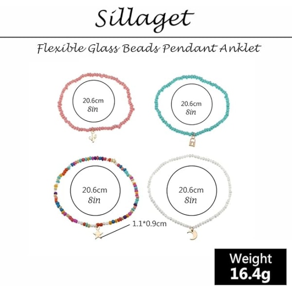 4 stycken bohemiska pärlor flerskiktade fotledsarmband färgglada damfotledsmåne och stjärnhänge fotledspärlor armband elastisk fot sommarstrand smycke