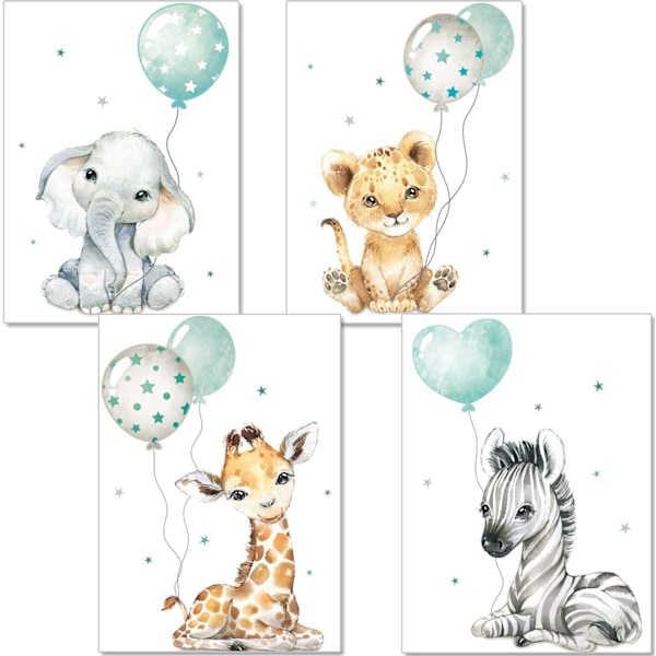 4 stk. Dekorativ plakat til børneværelset - Mintgrøn-grå børnehavemalerier til drenge og piger - Safari Jungle Dyreplakat Ballon