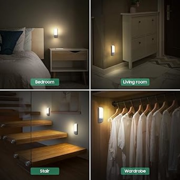 Indendørs bevægelsessensorlys, 2 pak USB genopladelig LED natlampe med 3 tilstande AUTO/ON/OFF, klæbende skabslys med magnetstriber til garderobe
