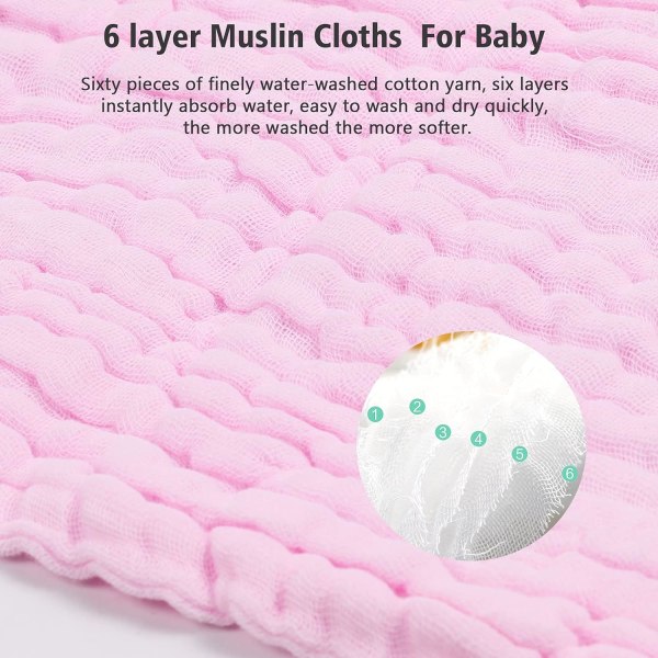 10 st Muslin Baby Washcloths, Ekologisk Bomull, Återanvändbara Baby Ansiktshanddukar, 30 x 30 cm Extra Mjuka Tvättbara Washcloths för Nyfödd Hud Rosa