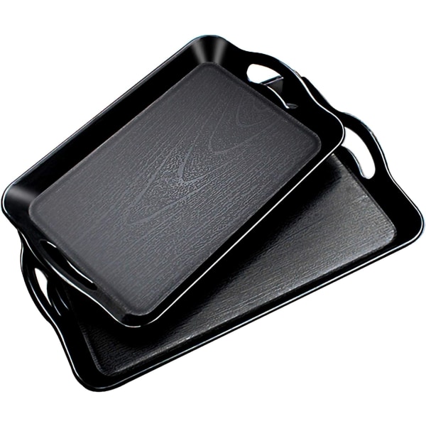Tykk varmebestandig hvit plast rektangulær brett 41,9 cm x 28,6 cm og 37,5 cm x 22,2 cm med brede håndtak.