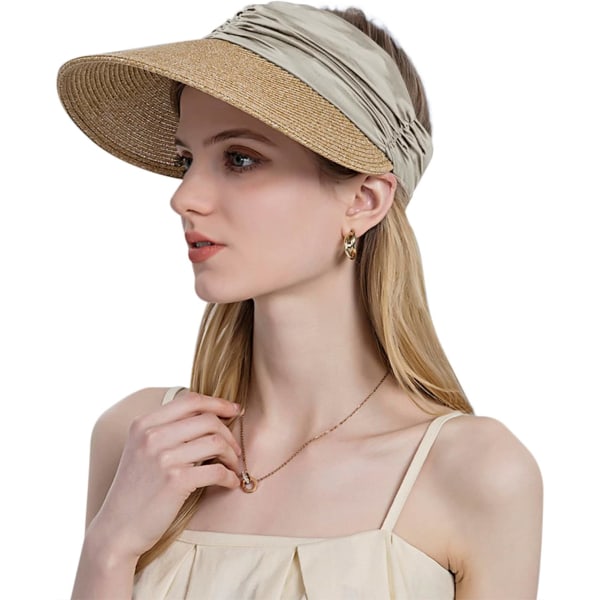 Beige Halmhatt för Kvinnor UV Mask UPF50+ Topplös Halmhatt Reshatt för Sommar Modehatt för Strand Bred Brättehatt för Golf och Ridning