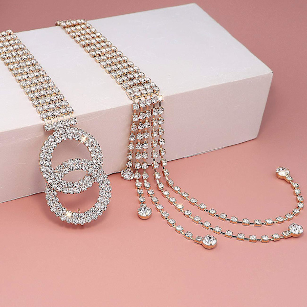 Krystallbelter for kvinner Rhinestone midjebelte for kjole Glitrende O-ring kjede gave Gold
