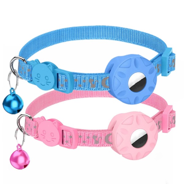 2 AirTag Starmoon Cat Halsband (blå+rosa, exklusive AirTag), kattspecifikt halsband med säkerhetsbälte och vattentät luftetiketthållare, 1 cm bred, cat AirTag