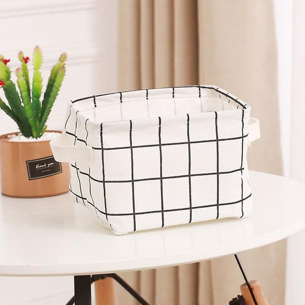 2 st Mini Kvadratisk Bomull Linnetyg Förvaringskorg Hem Vattentät Organizer Box White grid