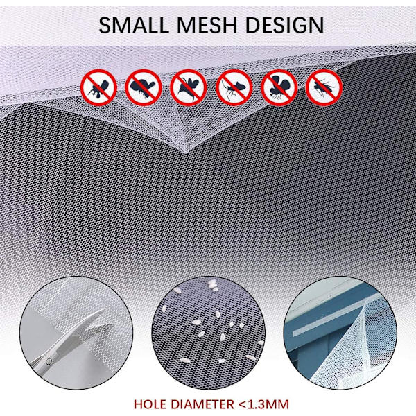 3-pak (hvid, 1,3*1,5 m) Fluenetsvindue DIY Selvklæbende Insektnet Gardin Bug Bee Beskytter 130x150 cm med 3 ruller Krog Klæbende Tape, Monteret t