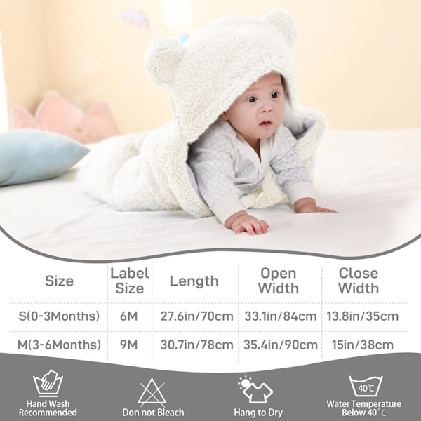Unisex Baby Swaddle Filt, Baby Nest Sovsäck, Hooded Swaddle Sovsäck för Födelse-Vit-S(0-3 Månader)