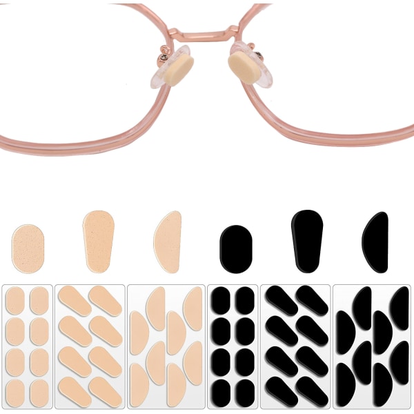 Sex stycken och 24 par (hudton och svart) Glasögon näskuddar, självhäftande anti-halk näskuddar avlastar trycket för glasögon och solglasögon
