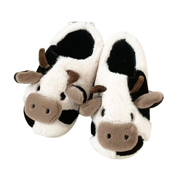 Fuzzy Cow Tofflor Söta Varma Mysiga bomullsskor Animal Shape Slip-on Tofflor för 36 37