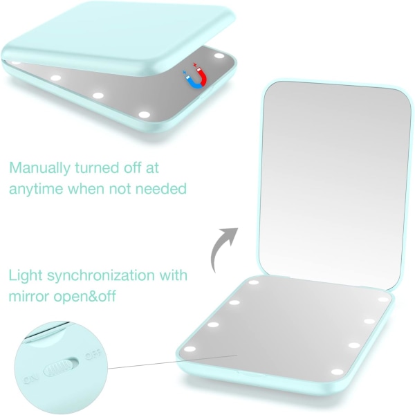 LED-upplyst resespegel, rund, cyan förstorande kompakt spegel, bärbar för handväska, ficka, 8,5 cm upplyst fällbar spegel, två bärbara speglar