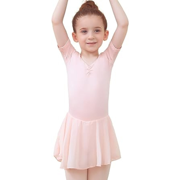Balletkjole til piger, balletdragt til børn, V-hals, kort/langærmet gymnastikdragt, dansebeklædning med chiffonskørt
