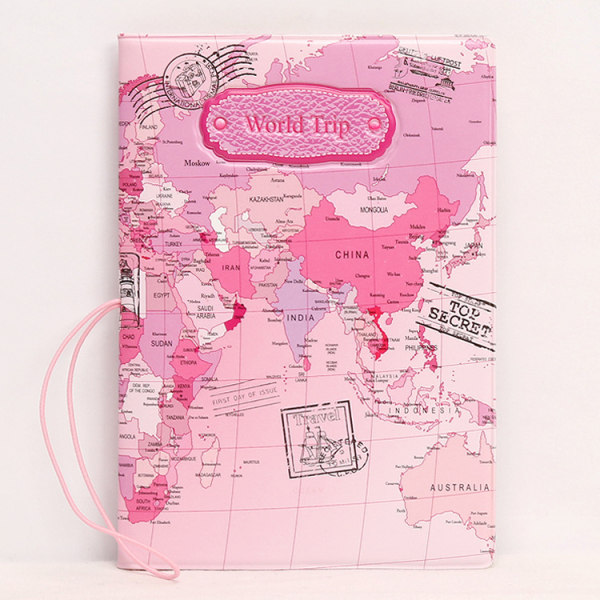 Världskarta 3D-passhållare (rosa), moderiktigt case, ID- case, passväska, resematerial för utlandsresor