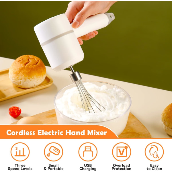 Handmixer Elektrisk vitlökshackare Äggvisp Vit, sladdlös handhållen matberedare med 300 ml glasbehållare, 3 hastigheter justerbar, USB uppladdningsbar