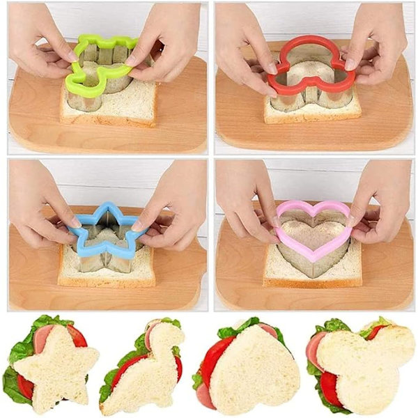 Morsom 4-delt Sandwichform for barn, inkludert Mikke Mus, Dinosaur, Stjerne, Hjerte, Frukt og Grønnsaker, Brødform for høytider.