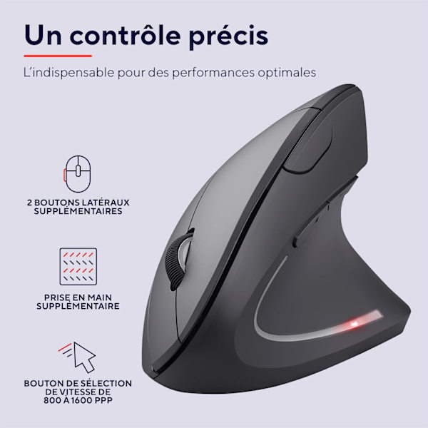 Trådløs mus, ergonomisk vertikal mus, 800-1600 DPI, 6 knapper, LED, forebygger musearm og epikondylitt, for høyrehendte, PC, datamaskin, bærbar