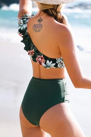 Blomstrete ruffle bikini for kvinner, ett skulder asymmetrisk bikini sett 2-delt badetøy