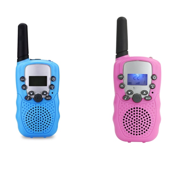 Set med två blå och rosa barn walkie talkie med bakgrundsbelyst LCD ficklampa, 3 km räckvidd, lämplig för barn inomhus och utomhusaktiviteter