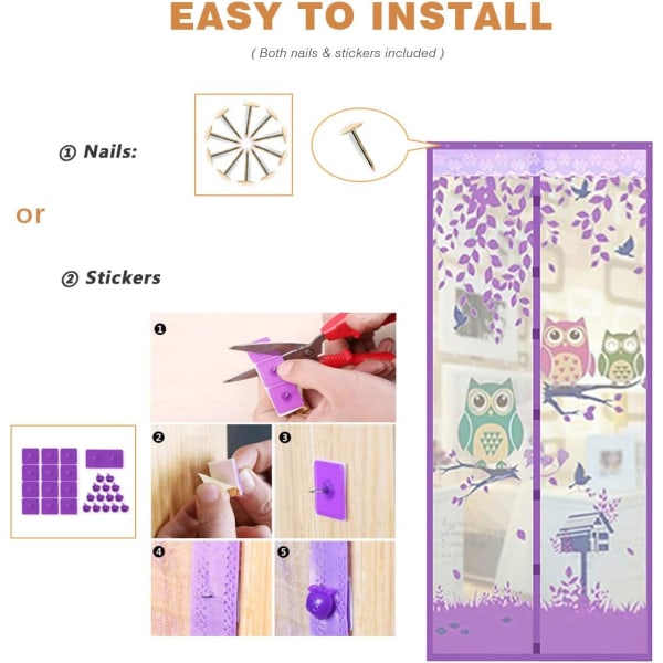 Ett set (pressad giraff lila, ca 90*210cm) Magnetisk dörrskärm Dörrnät Mesh Anti Mygga Hands Free Passar dörr upp till Automatiskt Mesh Curta