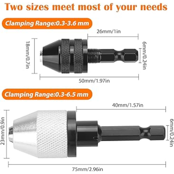 Nyckellöst Borrchuck Konverteringsverktyg, 2 st 1/4 Tum Hex Skaft Nyckellös Borrchuck Adapter, 0,3-6,5 mm & 0,3-3,6 mm Snabbväxlingskonverterare för Mikroborr
