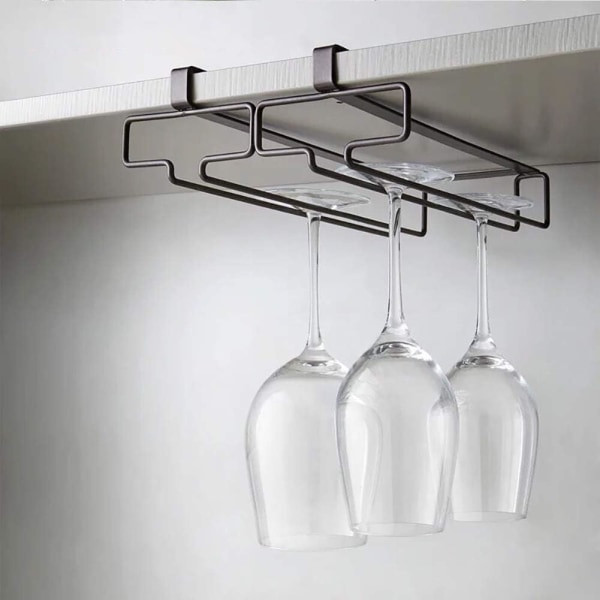 Hengende vinglassholder i metall, vinglassstativ for montering under skap, holder opptil 4 glass, 2-pakning, brun