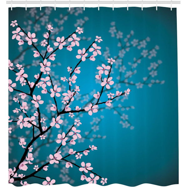 Ljusblå rosa japansk duschdraperi, Sakura blommönster, tyg badrumsdekor set med krokar, 180 cm x 180 cm, med 12 krokar
