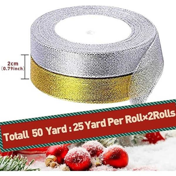 2 rullar med 25 storlekar breda glittrande band 2 cm guld, silverband Guld band Julband Dekorativa band för presentförpackning, gör rosetter en