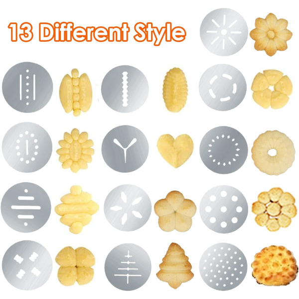 Kakepresse i rustfritt stål, Spritz Kake Maker Maskin for Baking med 13 Disker og 8 Glasur Dekorasjonsdyser