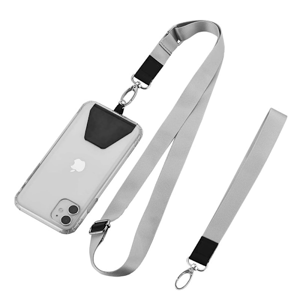 Telefonrem - Telefonhalsrem - Set med 2 telefon-/nyckelremmar för hals och handled, kompatibel med alla mobiltelefoner, grå
