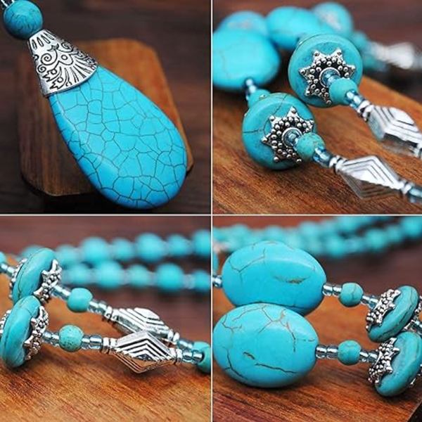 1 kpl Bohemian turkoosi kaulakoru naisille Western-korut Boho turkoosi kaulakorusetti Turkoosi riipus Pitkä choker Vintage turkoosi seos roikkuva