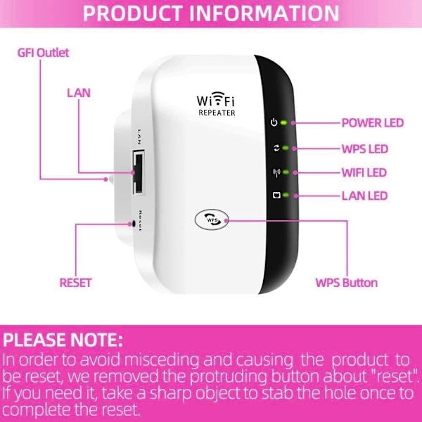 2 stk. WiFi Repeater Trådløs Utvider 300M Aksesspunkt (AP) Signalforsterker Støtter WiFi-N Standard, 2.4GHz, Innebygde Antenner, IEEE Standard, Grensesnitt