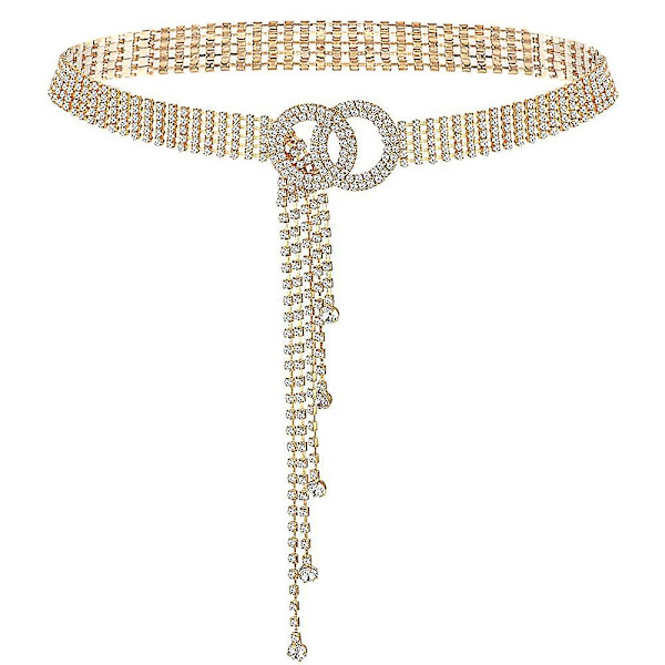 Krystallbelter for kvinner Rhinestone midjebelte for kjole Glitrende O-ring kjede gave Gold